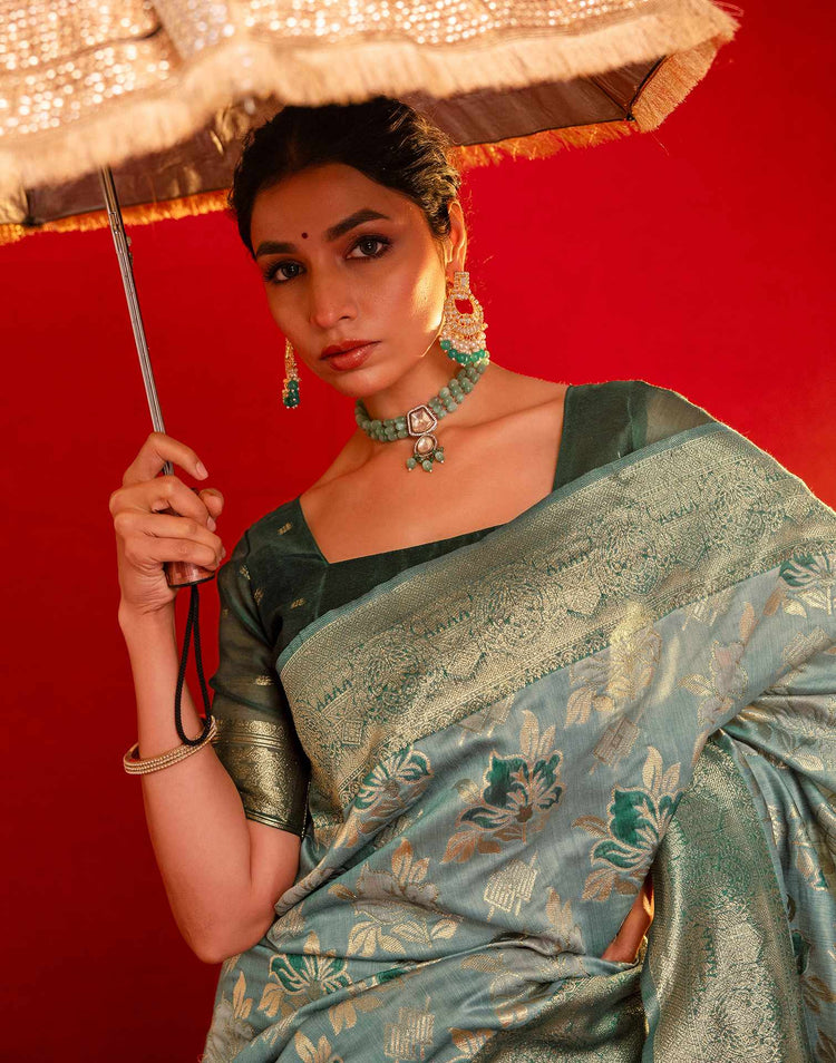 Light Blue Chanderi Cotton Woven Banarasi Saree