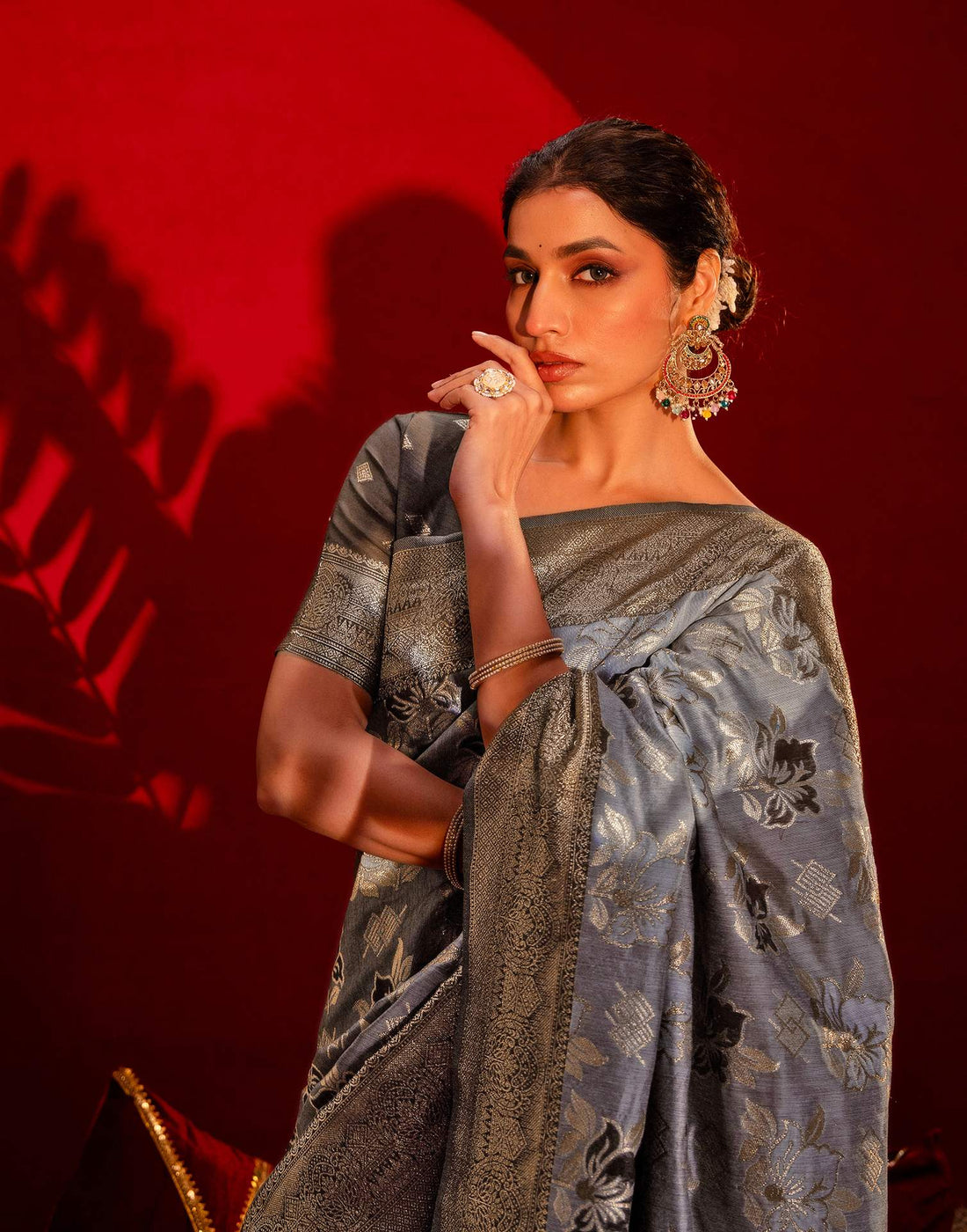 Grey Chanderi Cotton Woven Banarasi Saree