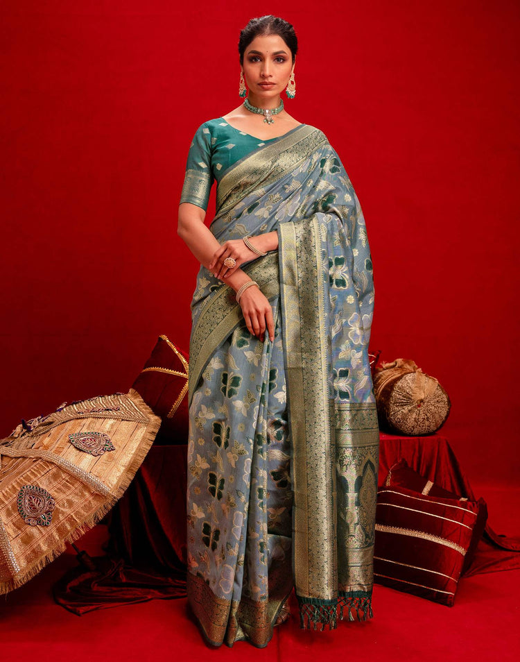 Dusty Blue Chanderi Cotton Woven Banarasi Saree