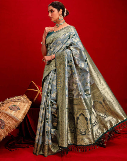 Dusty Blue Chanderi Cotton Woven Banarasi Saree