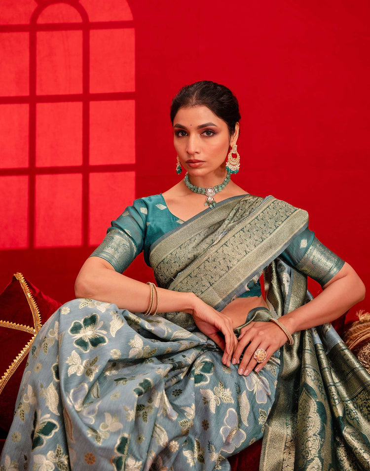 Dusty Blue Chanderi Cotton Woven Banarasi Saree