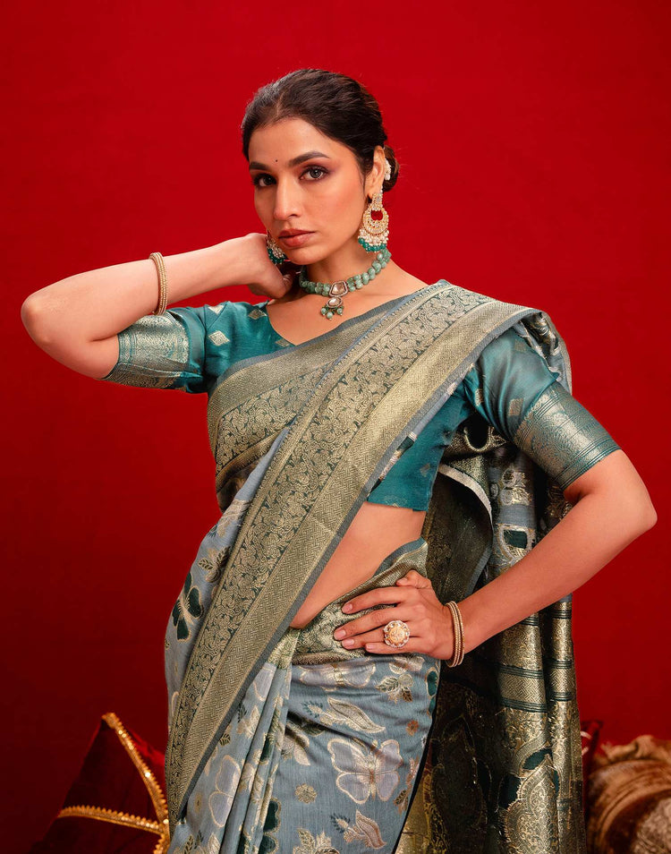 Dusty Blue Chanderi Cotton Woven Banarasi Saree