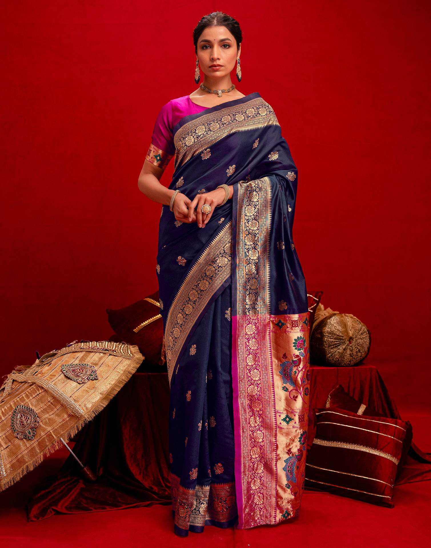 Navy Blue Silk Woven Paithani Saree