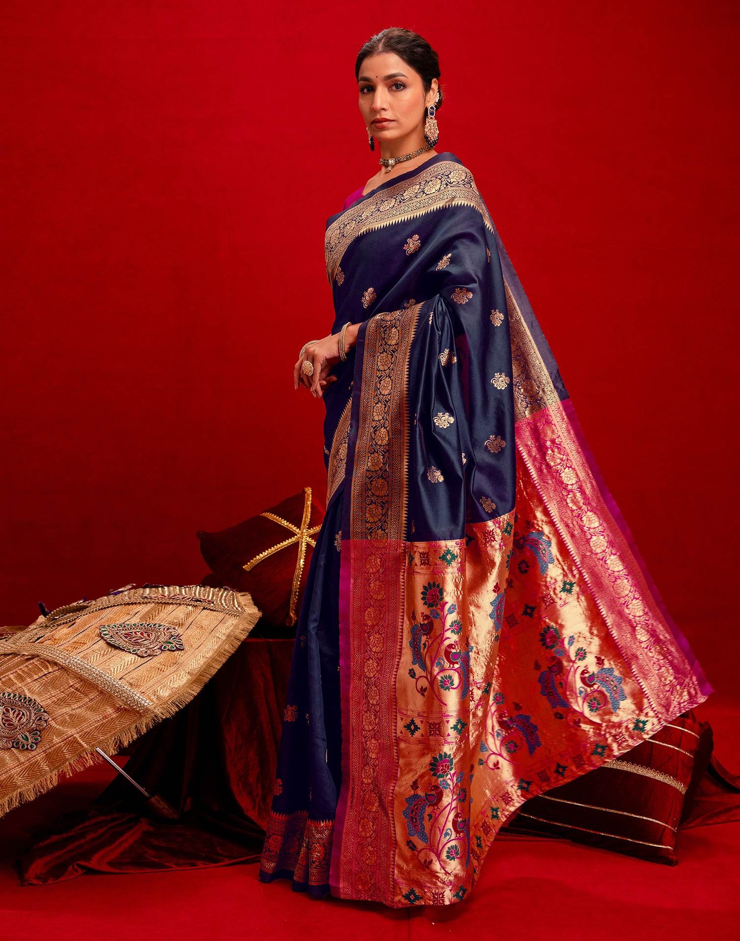 Navy Blue Silk Woven Paithani Saree