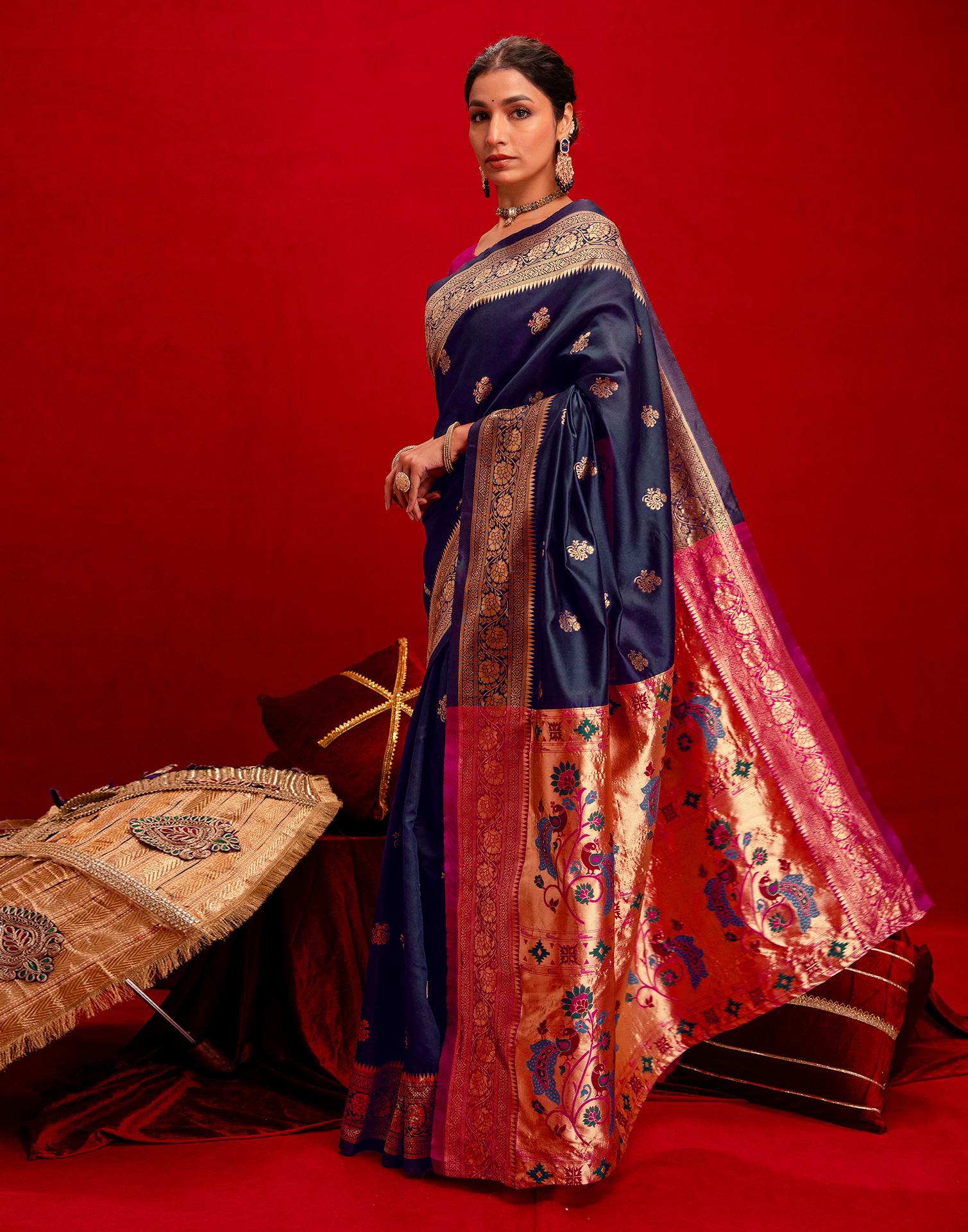 Navy Blue Silk Woven Paithani Saree
