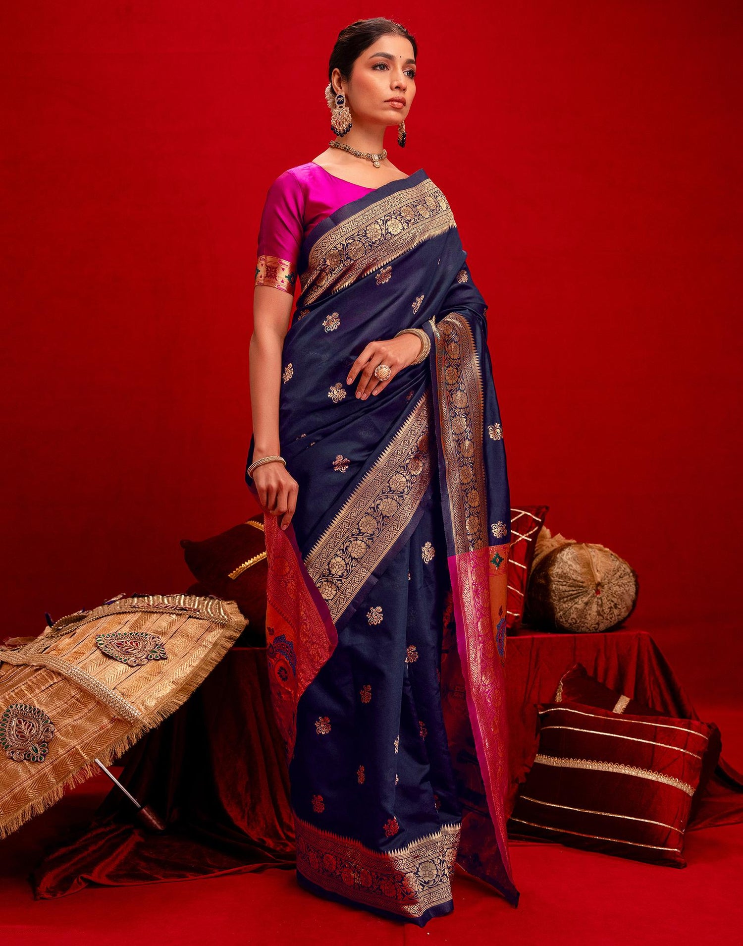 Navy Blue Silk Woven Paithani Saree