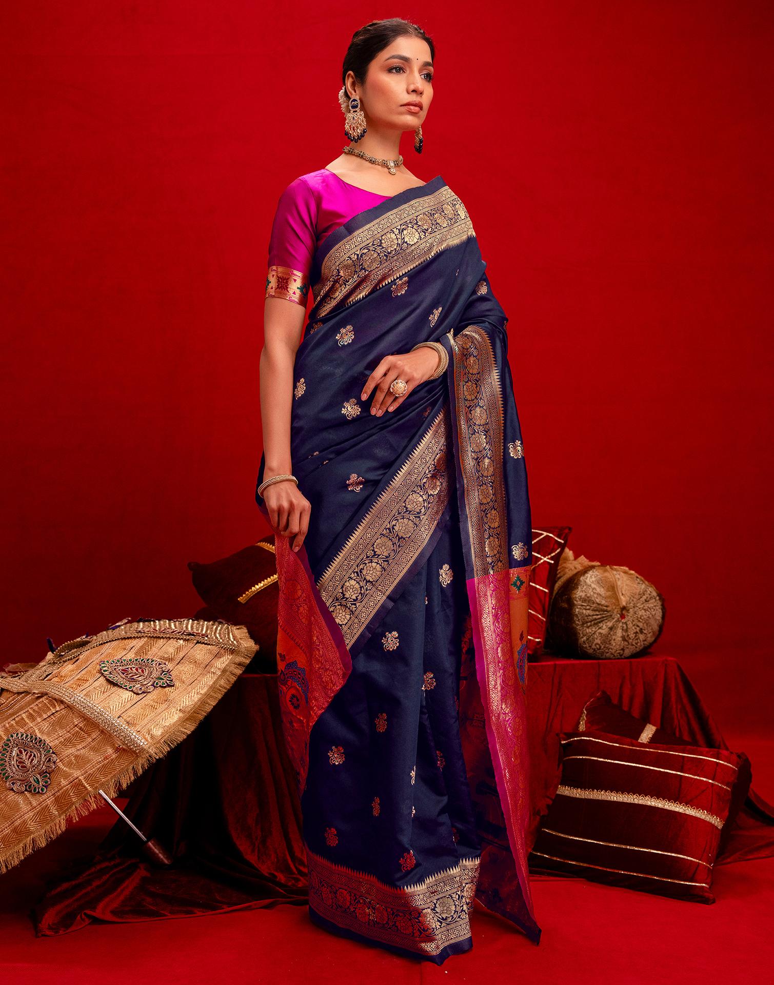 Navy Blue Silk Woven Paithani Saree