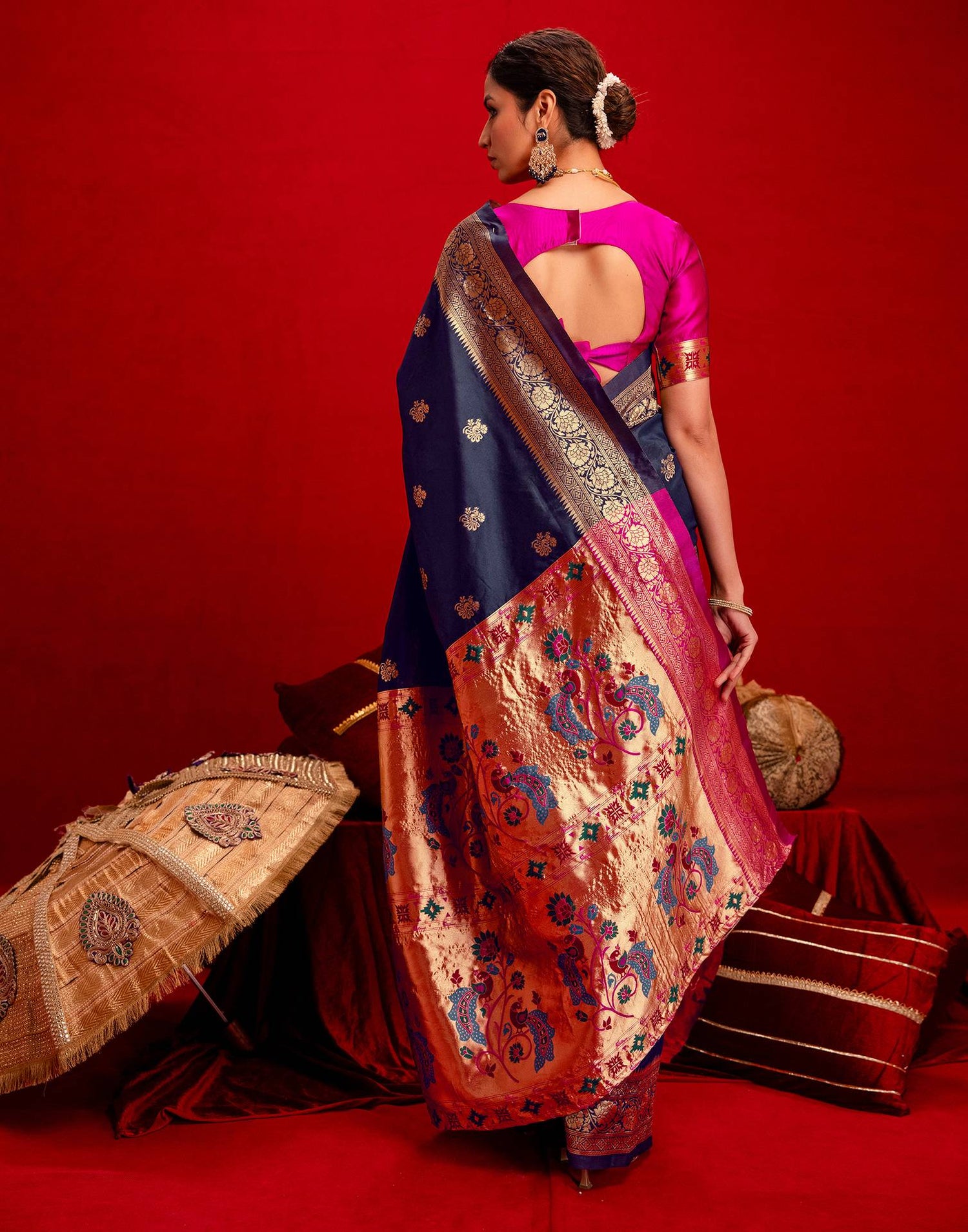 Navy Blue Silk Woven Paithani Saree