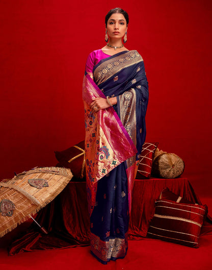 Navy Blue Silk Woven Paithani Saree