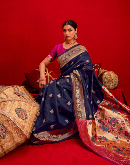Navy Blue Silk Woven Paithani Saree