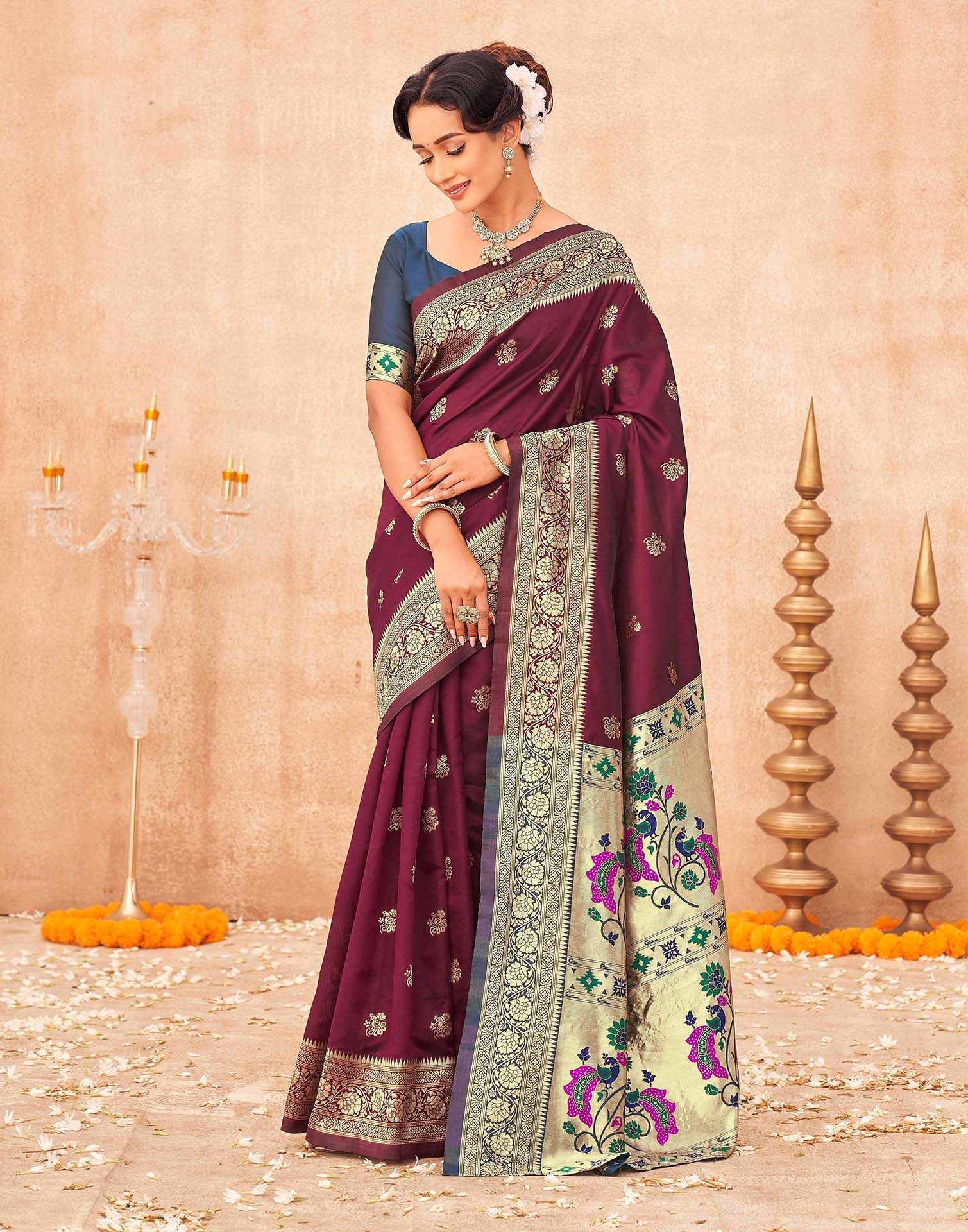 Maroon Silk Woven Paithani Saree