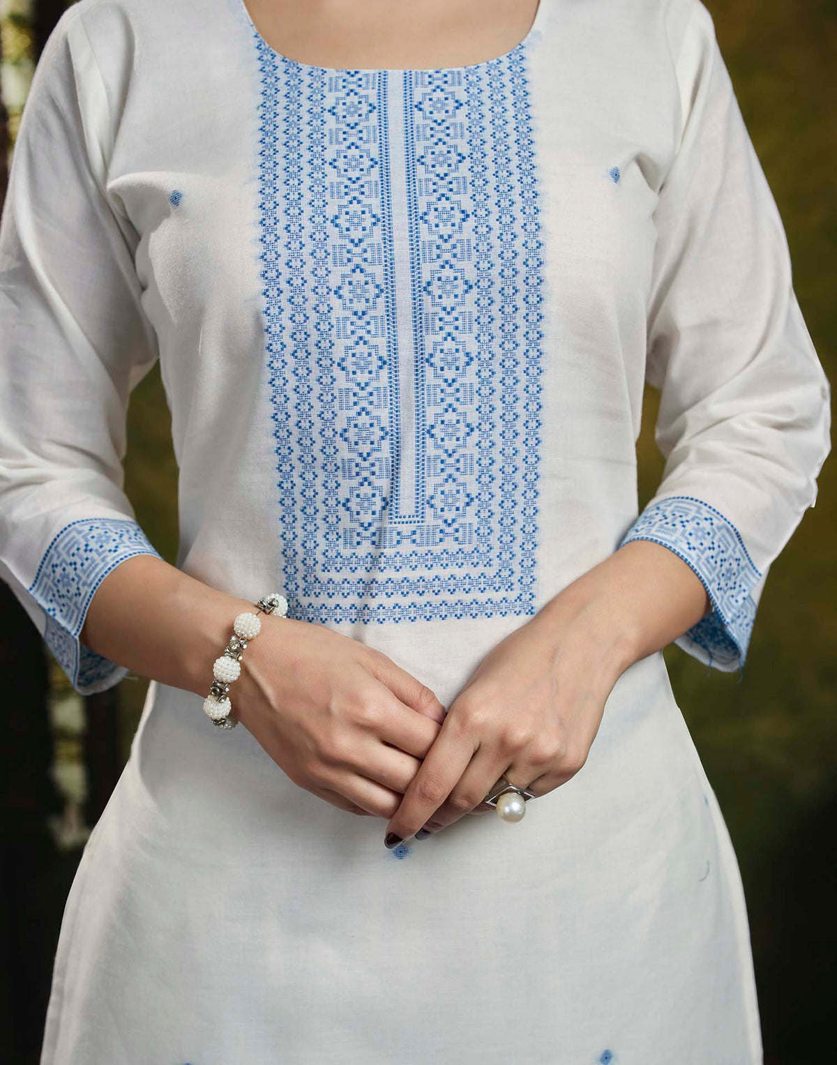 White Pure Cotton Woven Straight Kurta Set With Dupatta