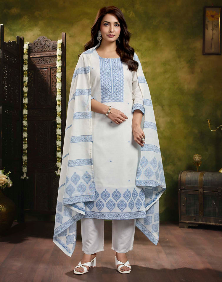 White Pure Cotton Woven Straight Kurta Set With Dupatta