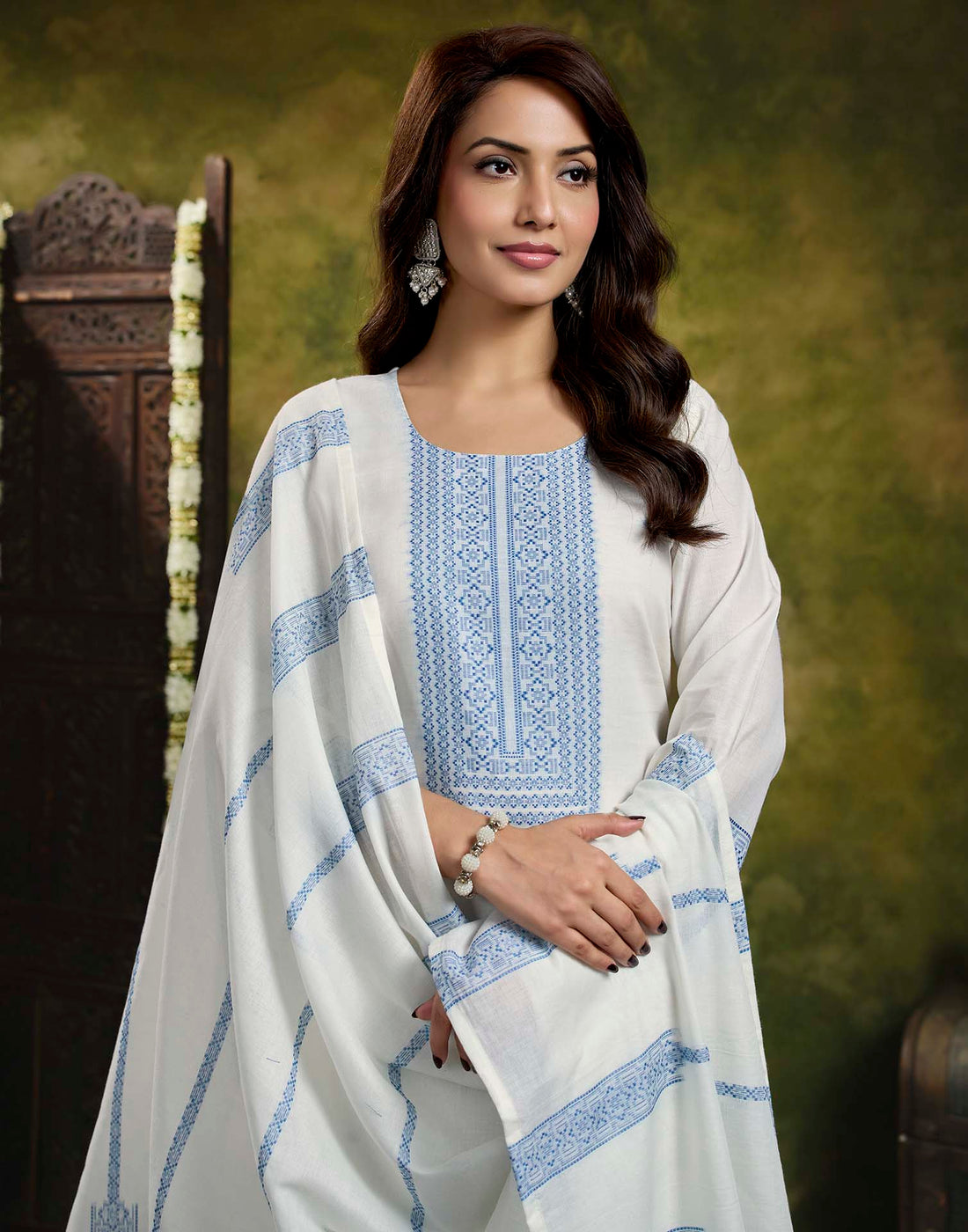 White Pure Cotton Woven Straight Kurta Set With Dupatta