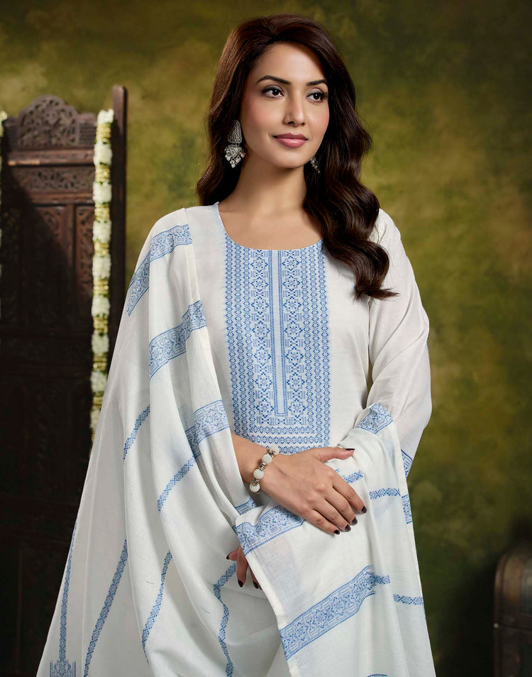 White Pure Cotton Woven Straight Kurta Set With Dupatta