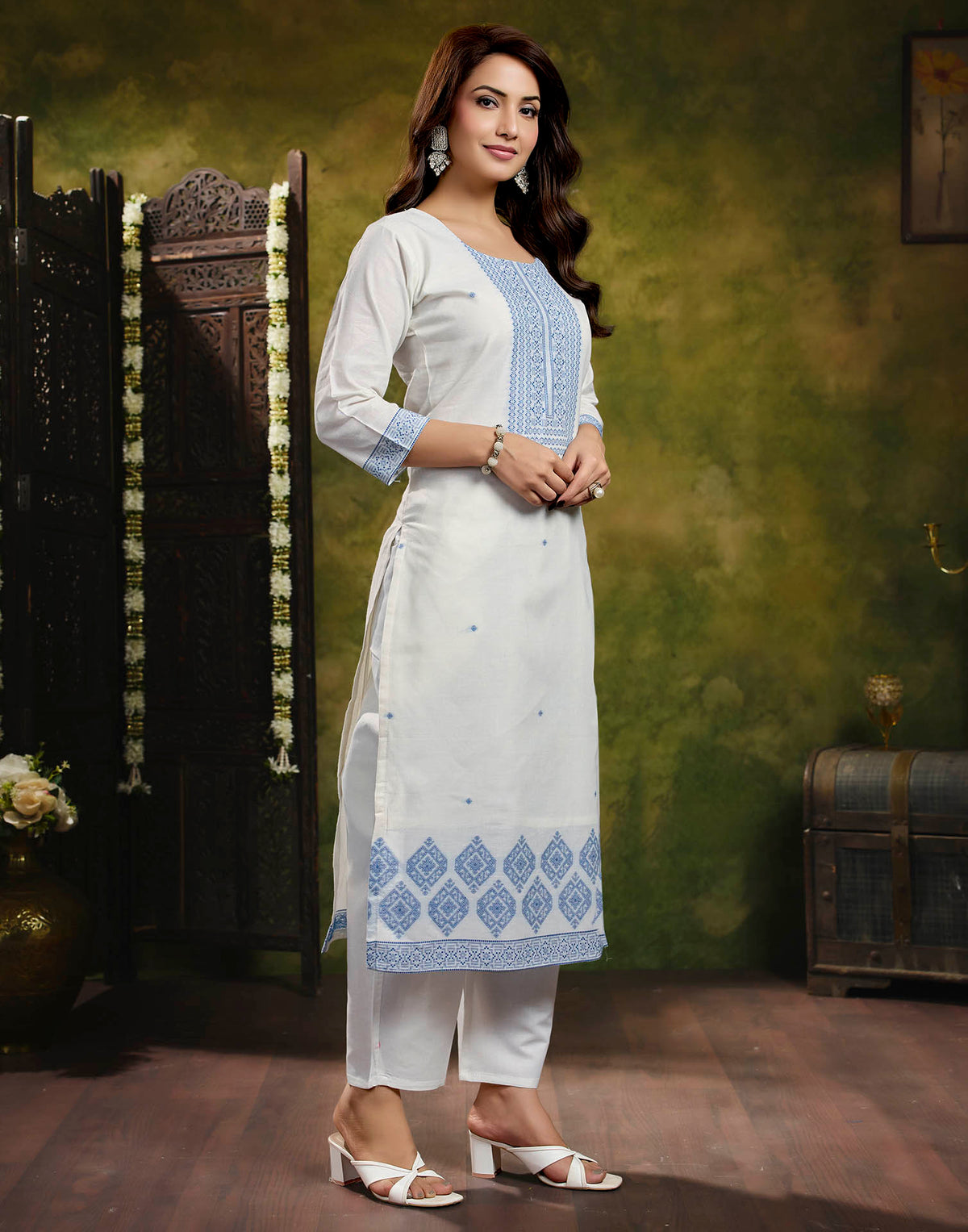 White Pure Cotton Woven Straight Kurta Set With Dupatta