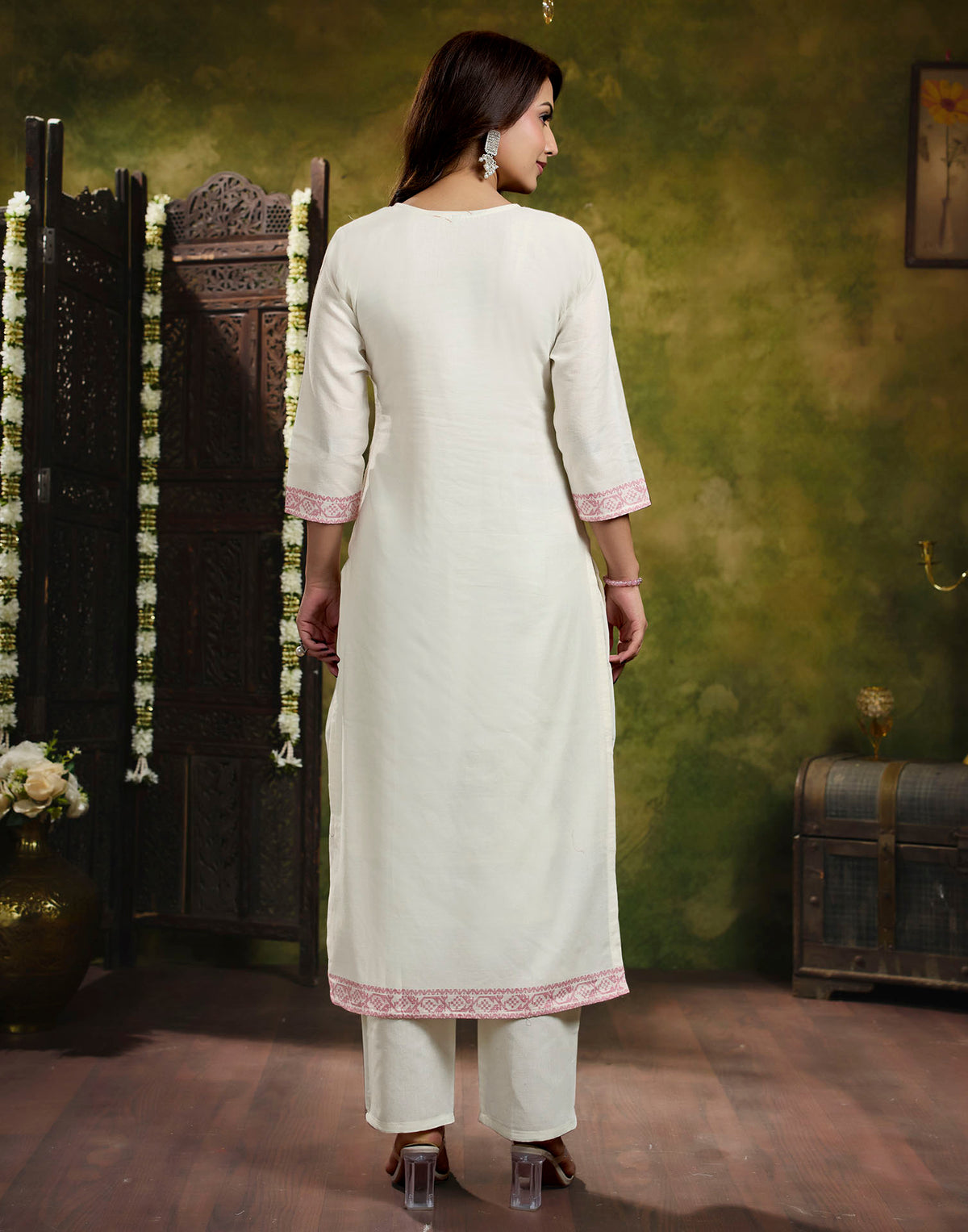 White Pure Cotton Woven Straight Kurta Set With Dupatta