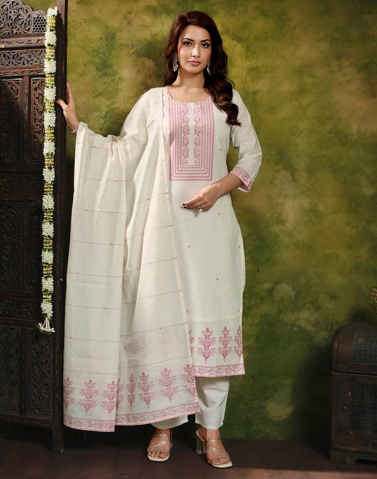 White Pure Cotton Woven Straight Kurta Set With Dupatta