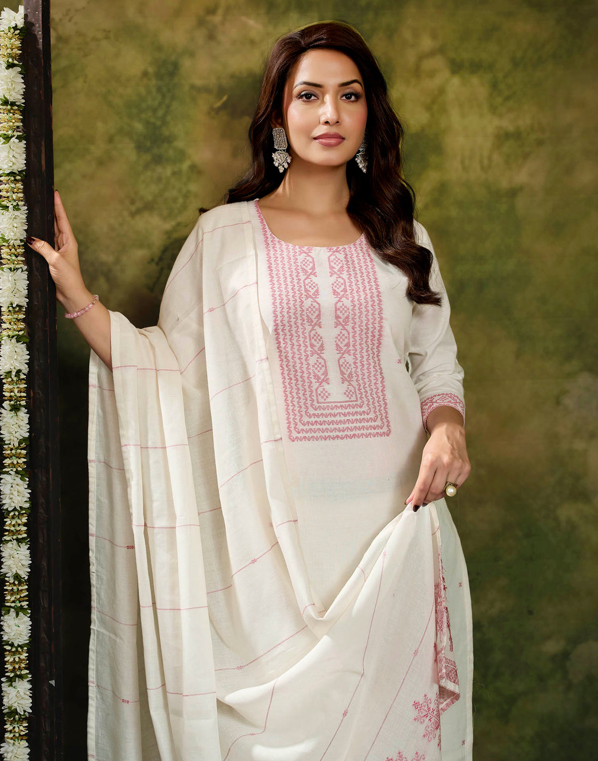 White Pure Cotton Woven Straight Kurta Set With Dupatta