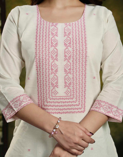 White Pure Cotton Woven Straight Kurta Set With Dupatta