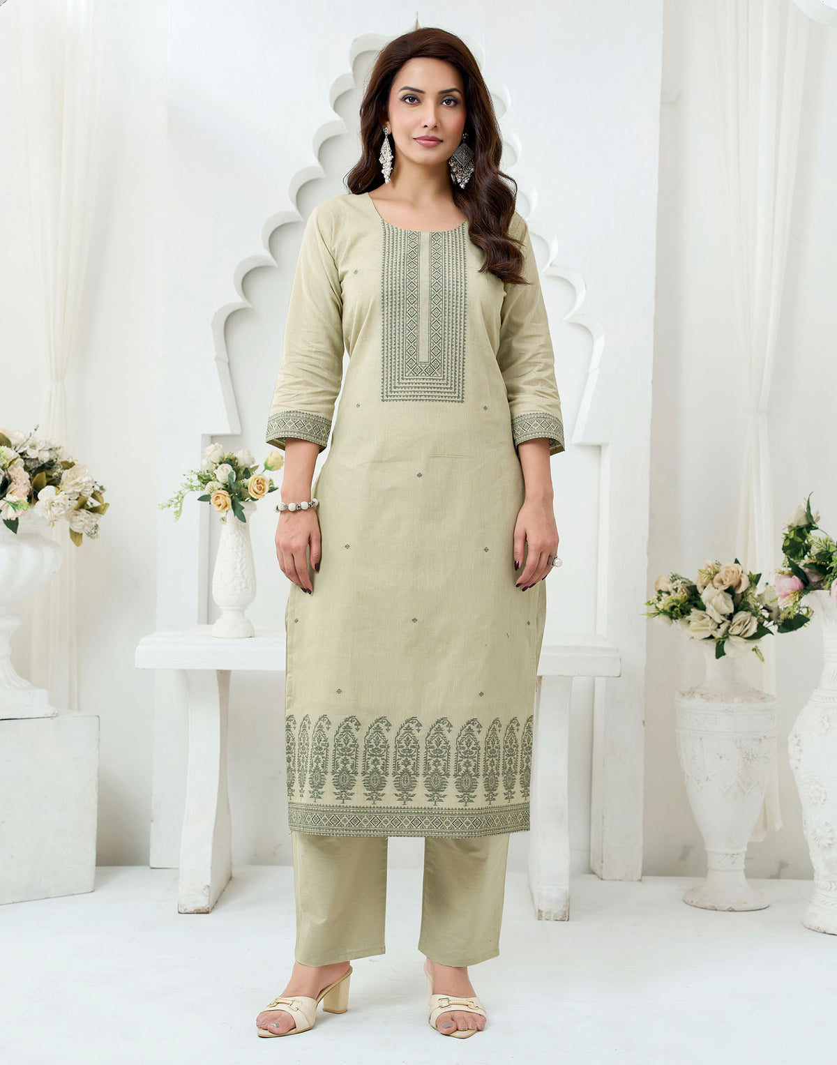 Beige Pure Cotton Woven Straight Kurta Set With Dupatta