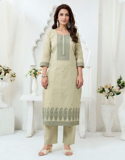 Beige Pure Cotton Woven Straight Kurta Set With Dupatta