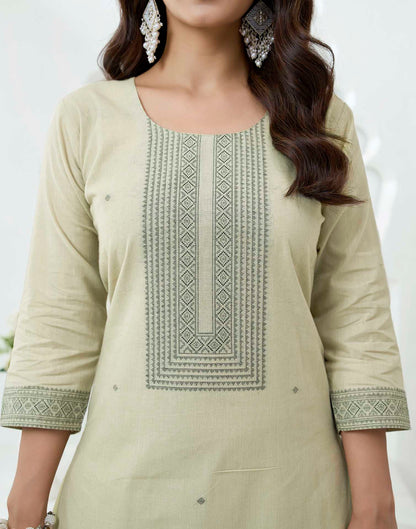 Beige Pure Cotton Woven Straight Kurta Set With Dupatta