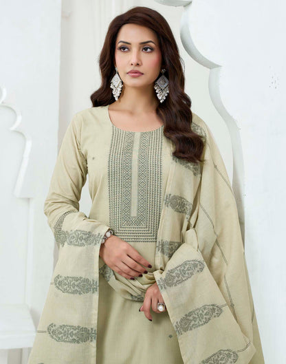 Beige Pure Cotton Woven Straight Kurta Set With Dupatta