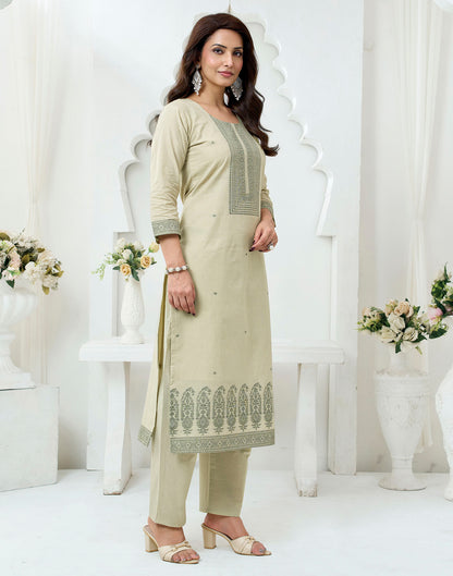 Beige Pure Cotton Woven Straight Kurta Set With Dupatta