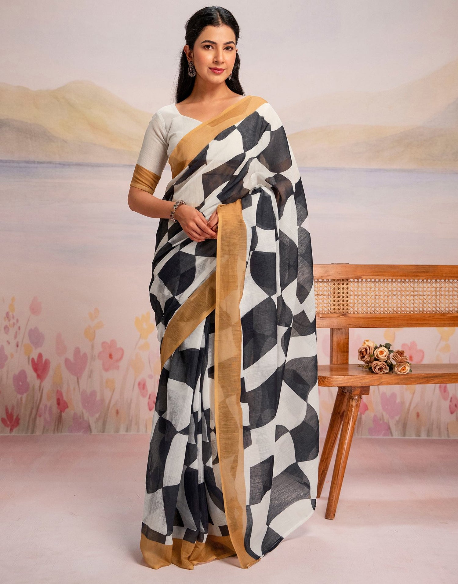 Ready To Wear White Linen Printed Saree