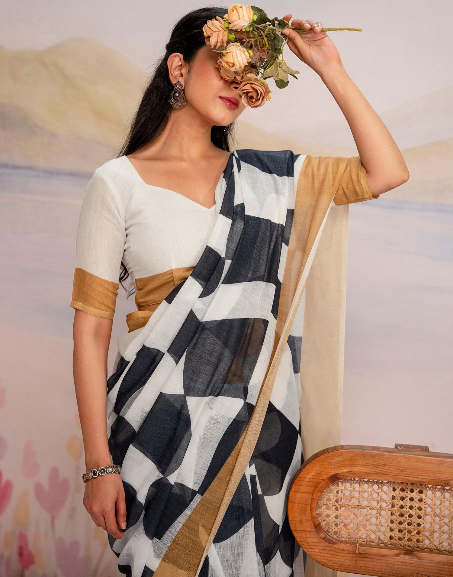 Ready To Wear White Linen Printed Saree