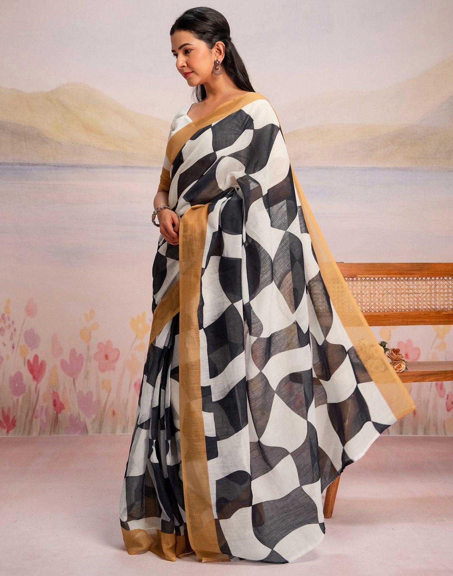 Ready To Wear White Linen Printed Saree