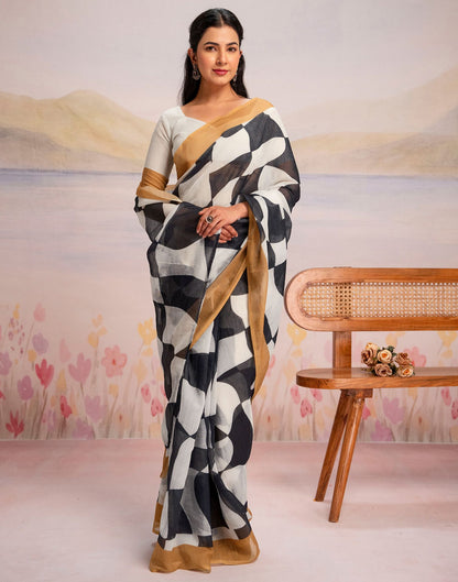 Ready To Wear White Linen Printed Saree