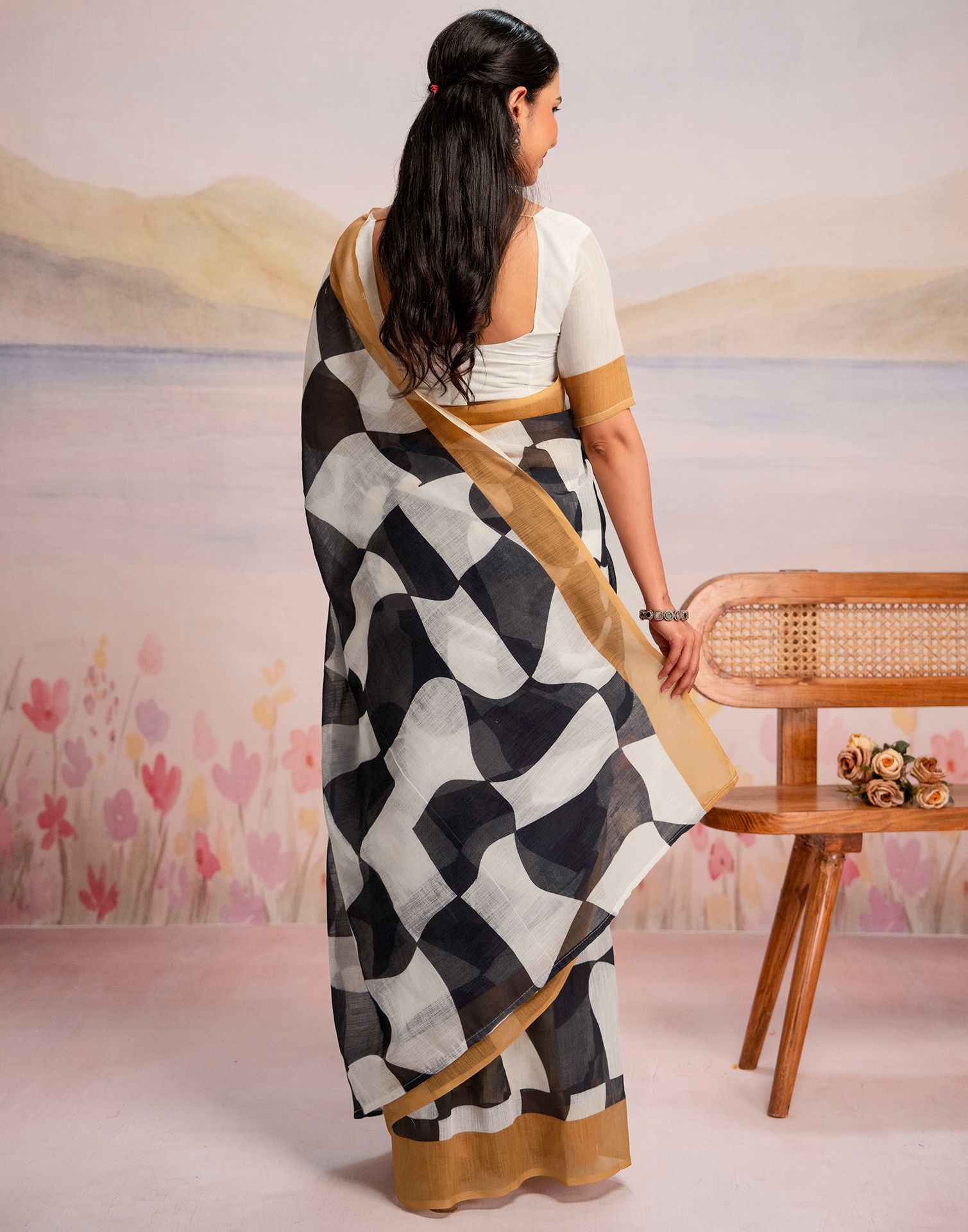Ready To Wear White Linen Printed Saree