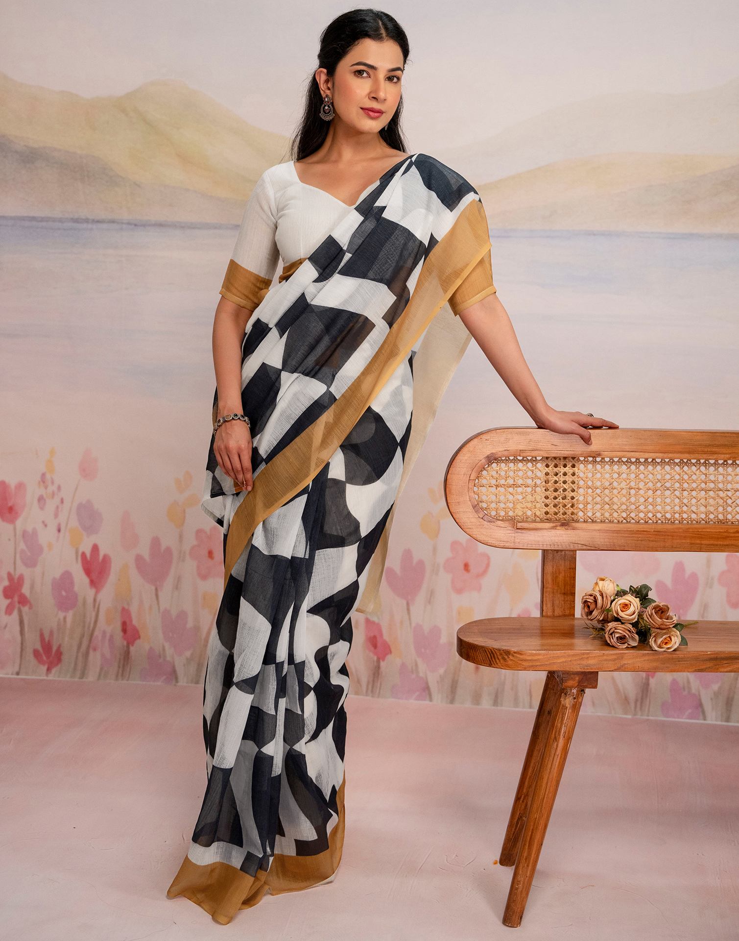 Ready To Wear White Linen Printed Saree