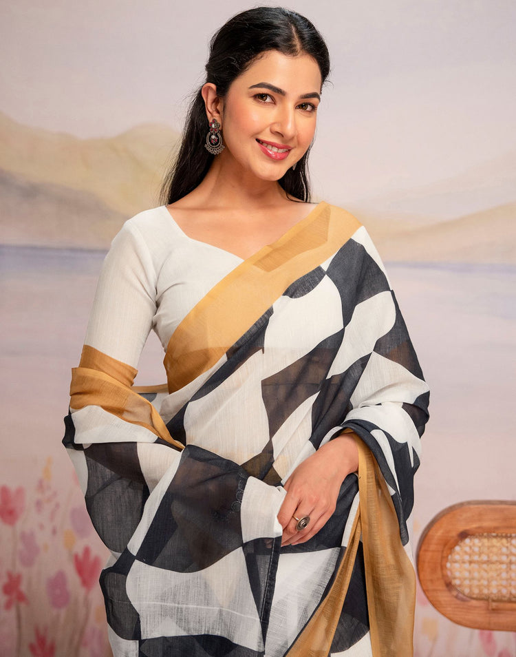 Ready To Wear White Linen Printed Saree