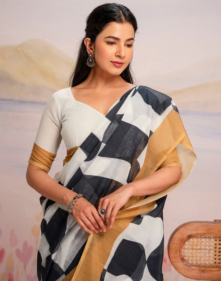 Ready To Wear White Linen Printed Saree