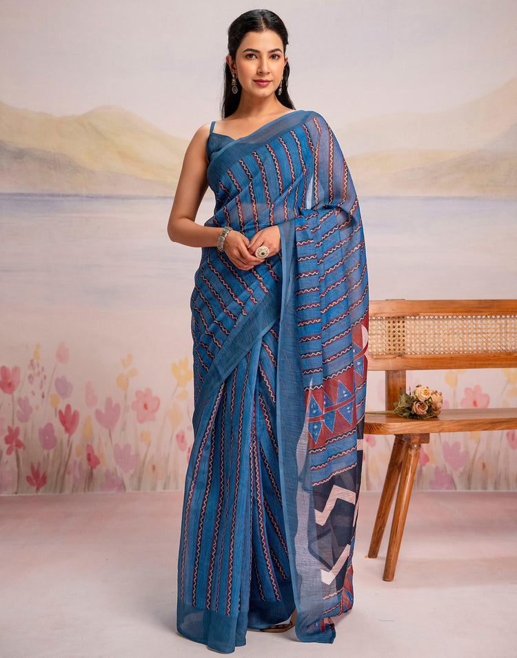 Ready To Wear Blue Linen Printed Saree