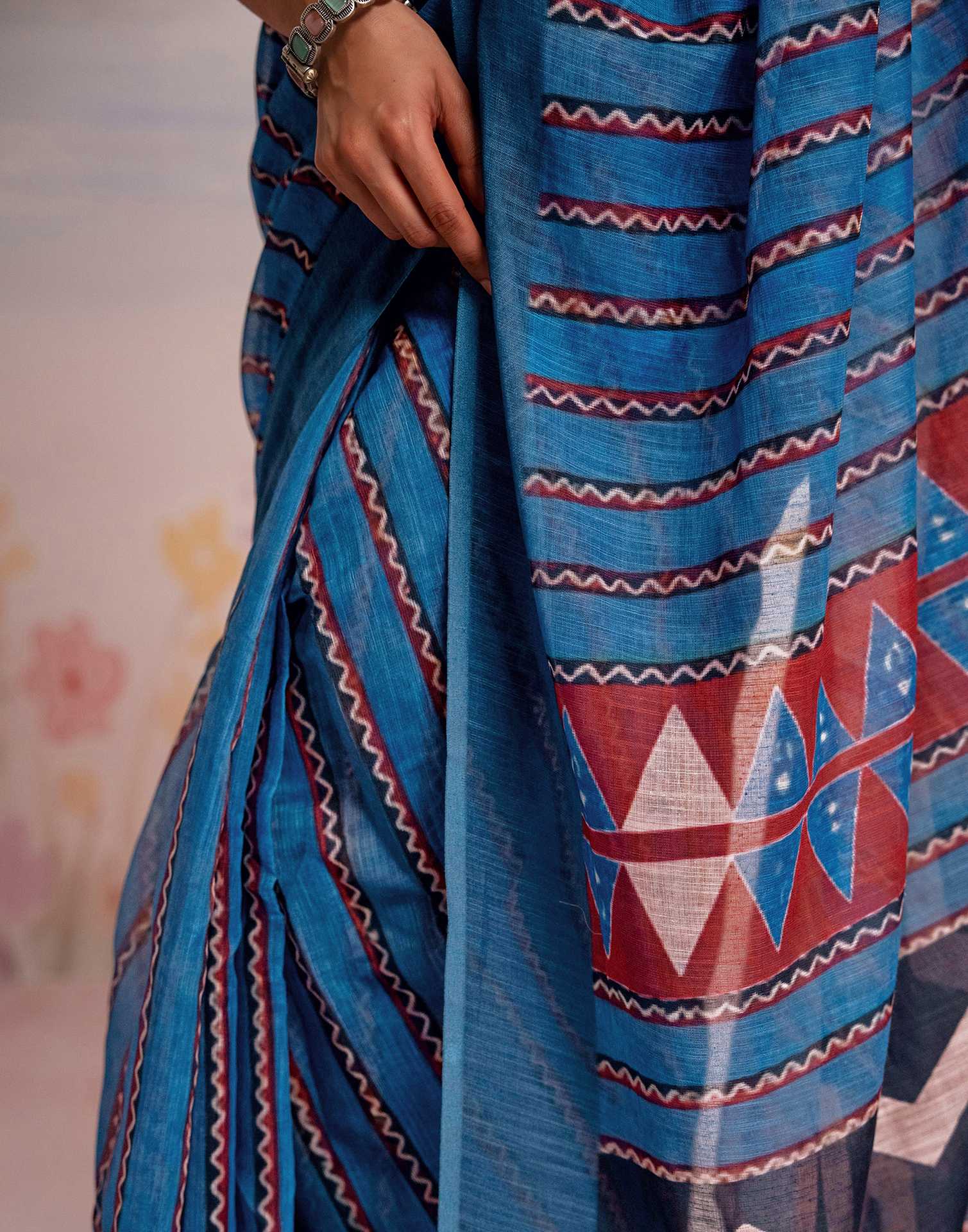 Ready To Wear Blue Linen Printed Saree