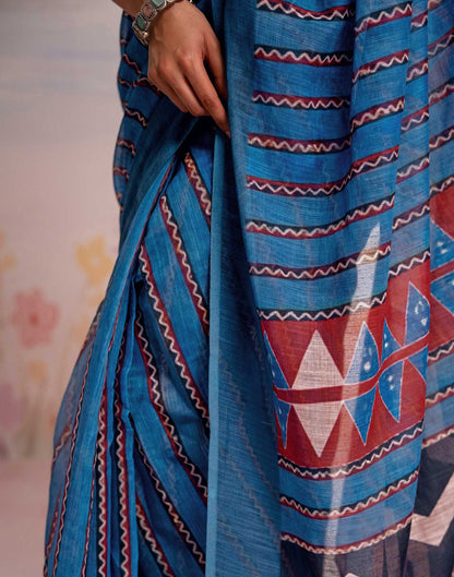 Ready To Wear Blue Linen Printed Saree