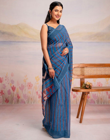 Ready To Wear Blue Linen Printed Saree