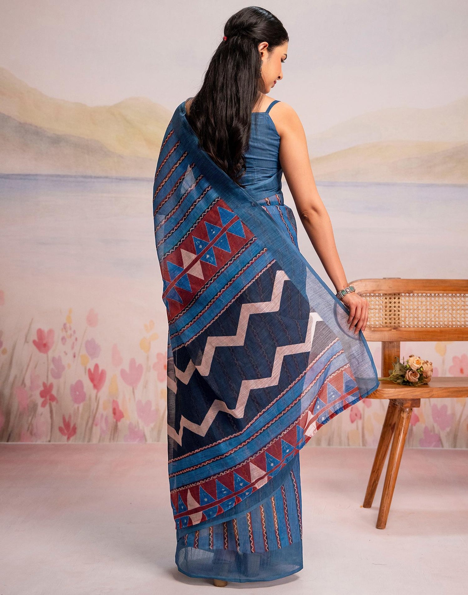 Ready To Wear Blue Linen Printed Saree