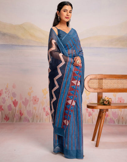 Ready To Wear Blue Linen Printed Saree