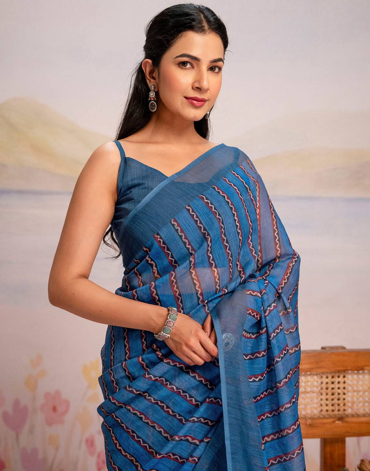 Ready To Wear Blue Linen Printed Saree
