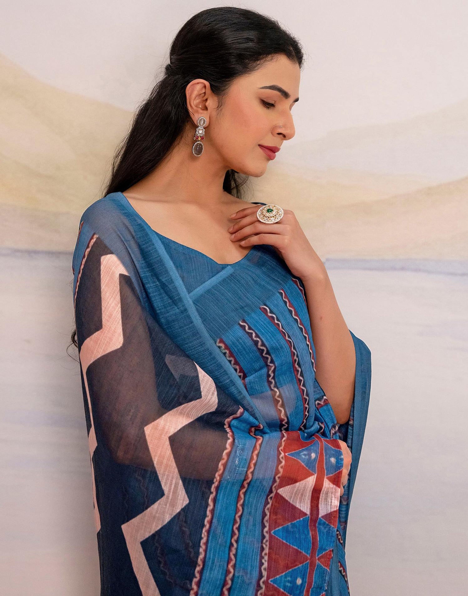 Ready To Wear Blue Linen Printed Saree