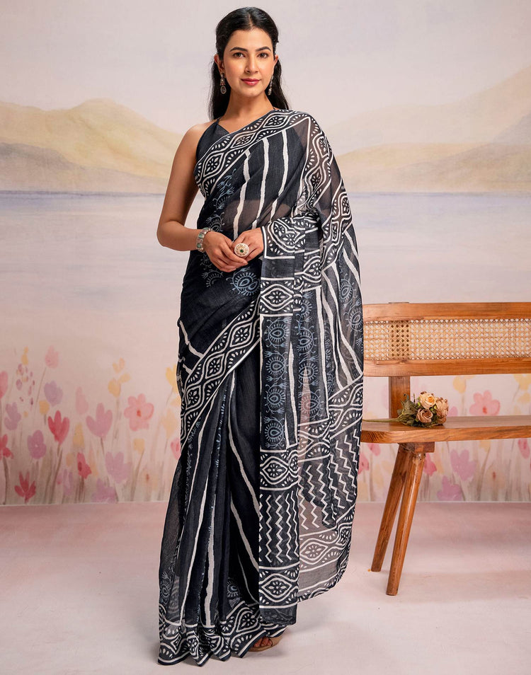 Ready To Wear Navy Blue Linen Printed Saree