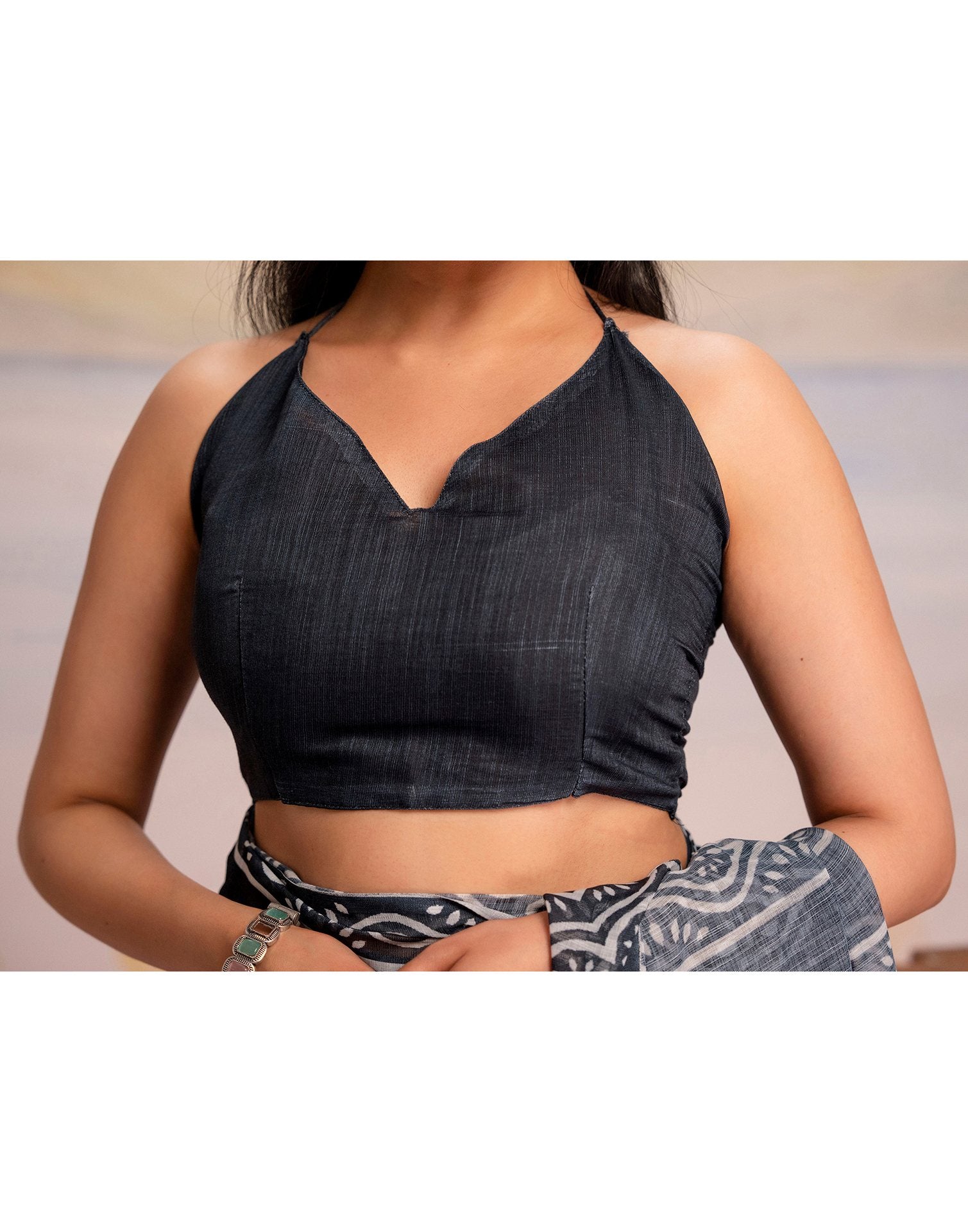 Ready To Wear Navy Blue Linen Printed Saree