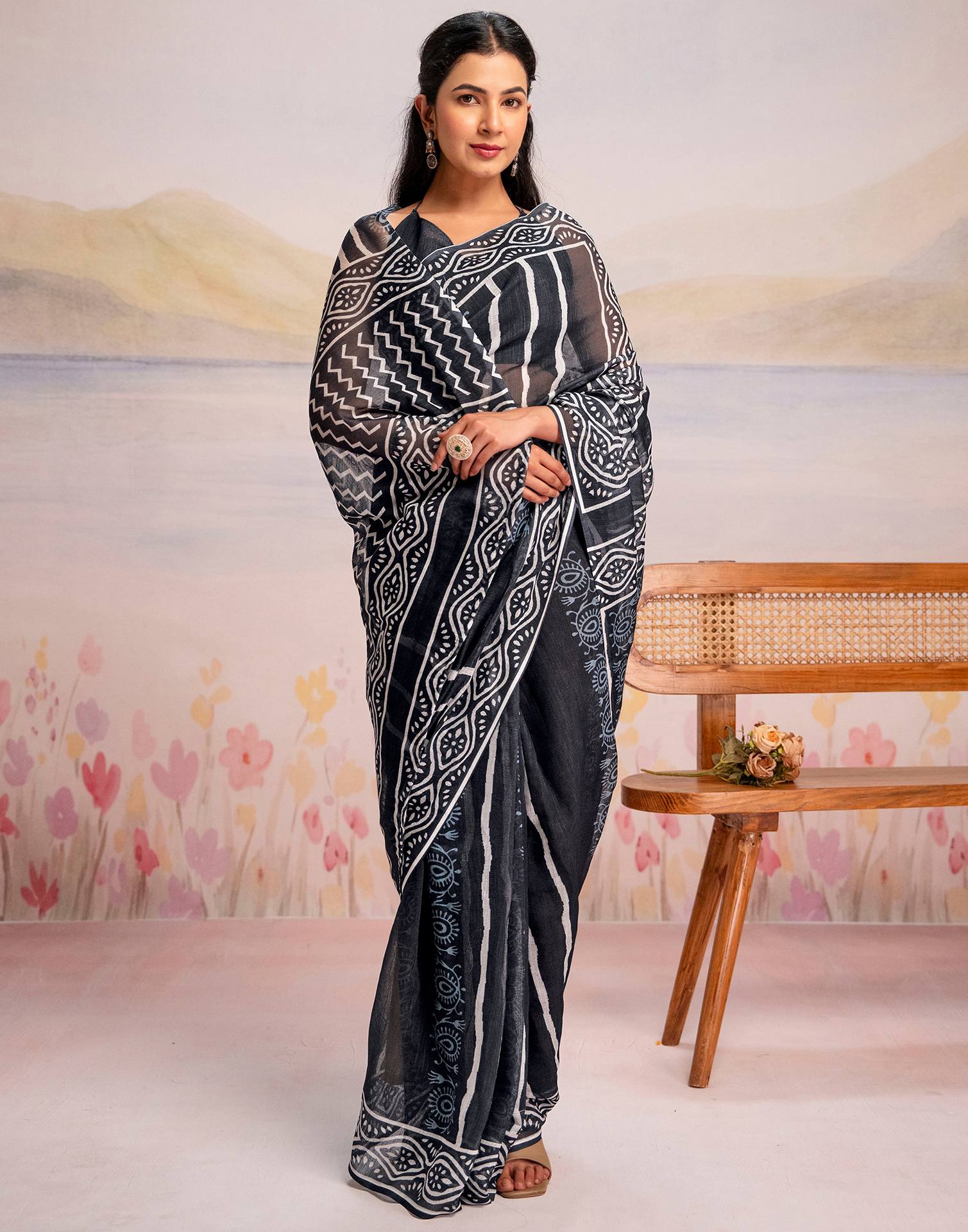 Ready To Wear Navy Blue Linen Printed Saree
