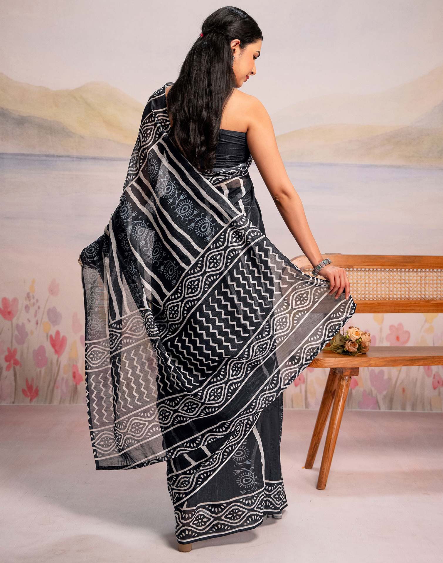 Ready To Wear Navy Blue Linen Printed Saree
