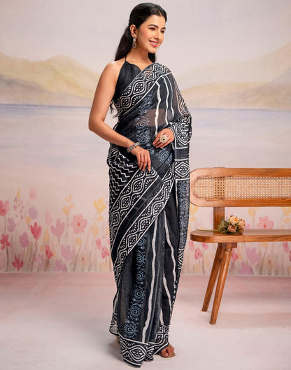 Ready To Wear Navy Blue Linen Printed Saree